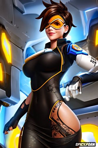 tracer overwatch beautiful face full body shot, tight black evening gown