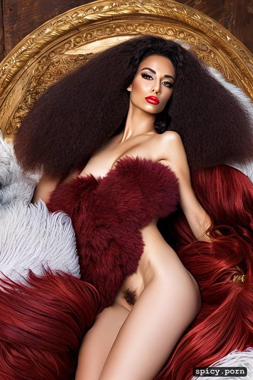 red hair, long hair, masturbate in bed, large fur coat, ebony woman