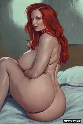 year old redhead woman showing her big breasts and big ass on the bed