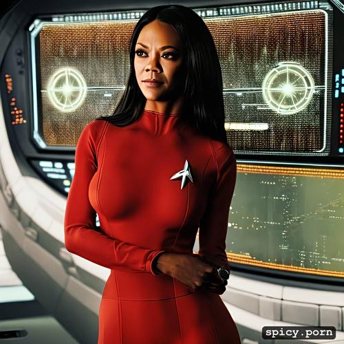 wearing red star trek uniform, highres, 8k, star trek, zoe saldana from the movie star trek on the bridge of the starship enterprise