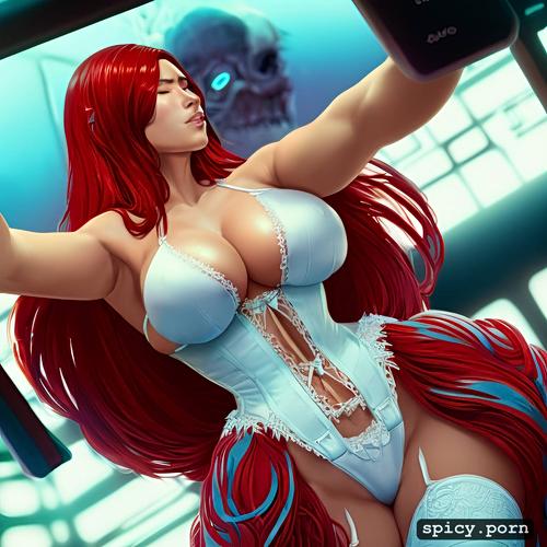 white underbust corset, anatomically correct body, red hair