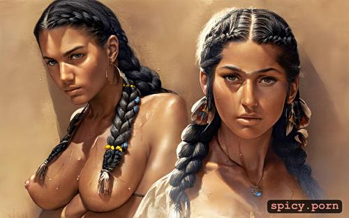 sweating, detailed face, boobs visible, native american girl