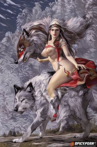 lifting one knee, voluptuous body, running wolf, peincess mononoke squatting riding on a giant wolf