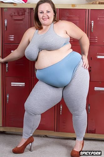 locker room, spandex yoga shorts, large fat belly, big tits