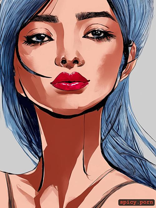 red lips, intricate line drawings, digital art, thai girl, industrial background in pastel colors