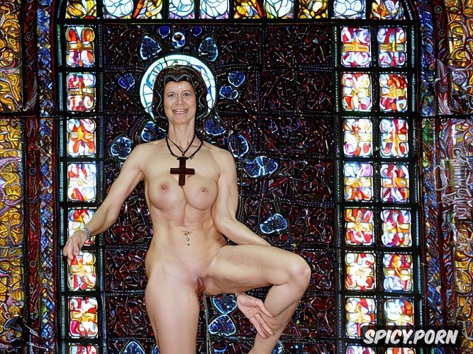 naked, holding one book, cathedral, granny granny, ribs, stained glass windows