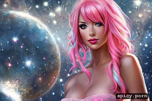 cosmic background, thong, topless, beautiful, pink hair
