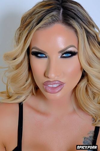 blonde bimbo, over the top makeup, thick lip liner, over lined lip liner