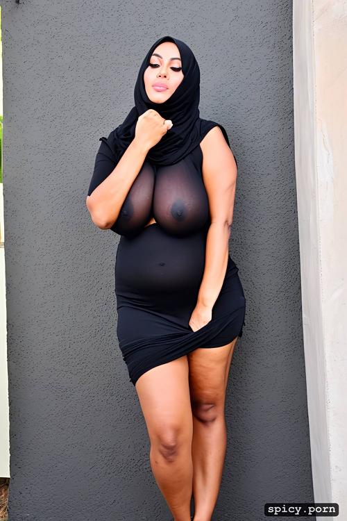 hijab, gorgeous face, huge saggy breast, extra naked, solid color background smooth well groomed tanned skin