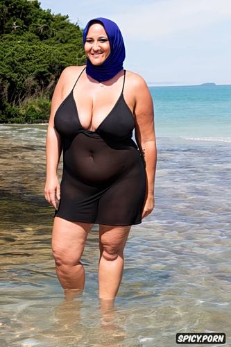 hijab, beach nude, well groomed sexy curvy body, naked, symetric full body