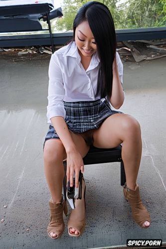 white blouse, plaid skirt, slutty, legs wide open, looking at phone