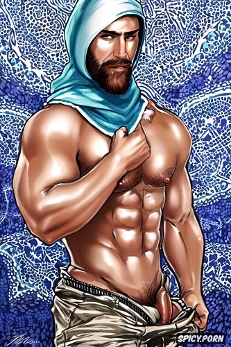no background, full body, vibrant colors, showing full body and perfect face beard showing hairy armpits on the bed in cum