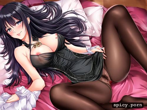 hentai, pulling aside dress, smile, laying down, clothes covering pussy lips