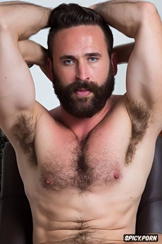 masculine, arms up, sitting on a chair, tanned skin, hairy muscled body