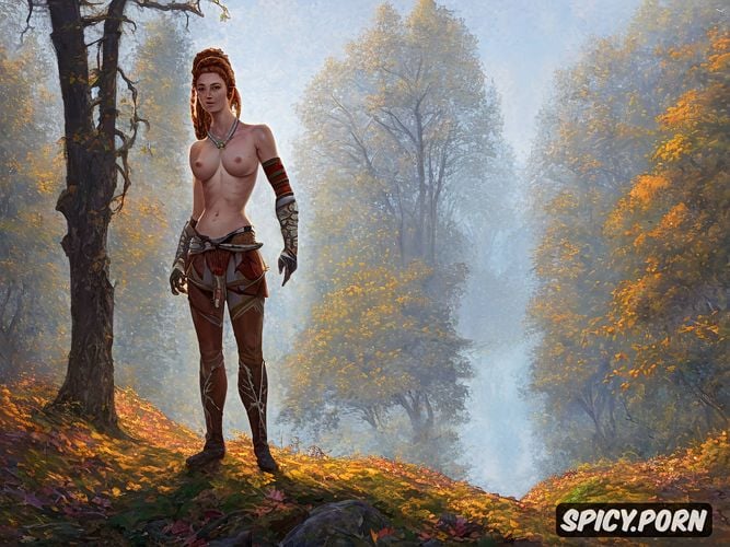 no cloths, full body view, background abandoned building, horizon zero dawn harness style
