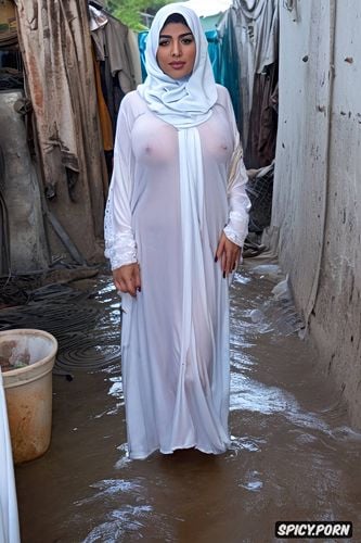 white arab teen woman wearing a silk see through transparent hijab abaya with pussy wet in a dirty slum scared and afraid