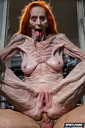 spreading legs, very thin, evil demonic looking, huge anal gape