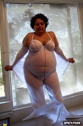 huge flabby belly, ssbbw hispanic old woman in a transparent white and tight bodysuit