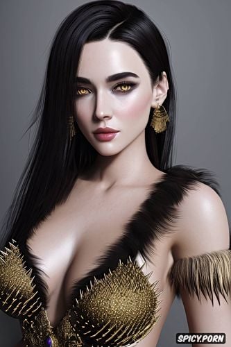 short spikey black hair, beautiful face portrait, tight low cut tattered animal pelt witches robe