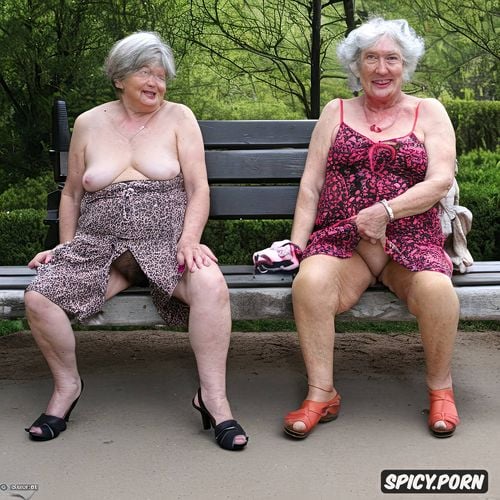 detailed faces, very hairy pussies visible, two old naked fat pretty grannies sitting on a park bench with their legs spread