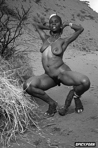 squatting in a desert with legs apart, partially nude, long saggy empty breasts