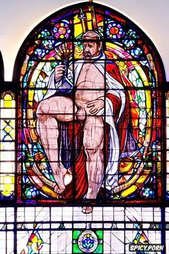 old man with hard veiny erected penis showing, stained glass windows
