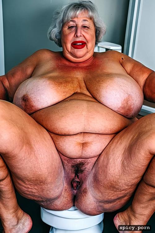 big belly, 80 years old, mouth wide open, spread legs, massive shaggy breasts