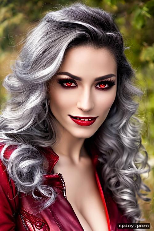 ultra realistic, 20yo woman, curly hair, vampire fangs, dangerous smile