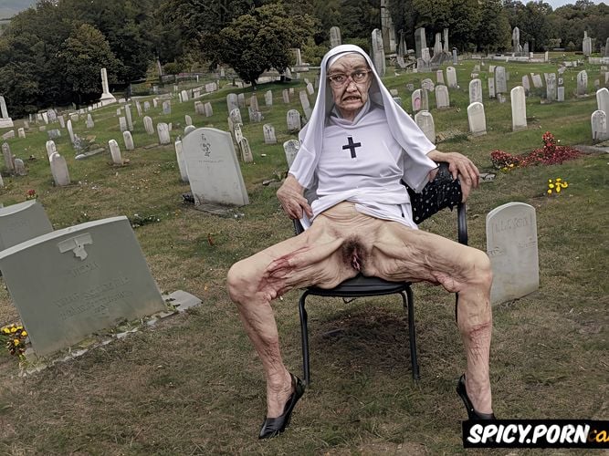 catholic nun, pale, very old granny, cemetery, spreading cellulite legs