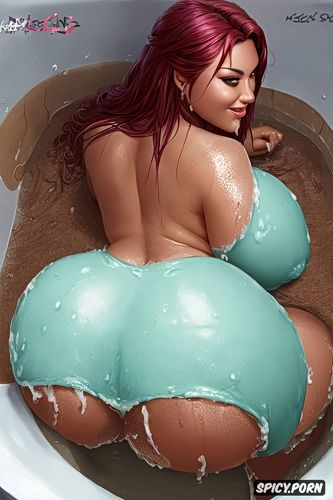 full body, squatting, soapy bubbles, red hair, realistic art