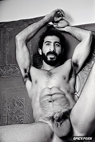 realistic 30 years old manly egyptian man naked, hairy arms