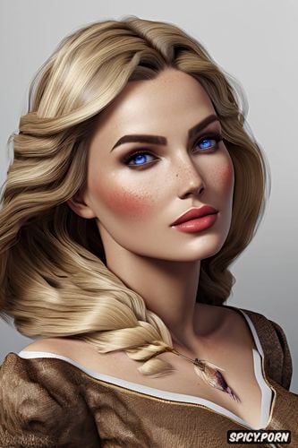 tight low cut brown peasant farmer dress, bethany hawke dragon age beautiful face pale kissed skin long soft dirty blonde hair