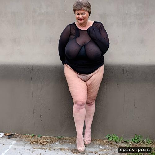 completely huge floppy saggy breasts on obese 60 years old posh russian woman large hairy cunt fat very stupid cute face with small nose much makeup semi short hair standing straight in siberian empty concrete parking lot very large very fat floppy tits full body view large view rich fat lady style exposed visible cunt