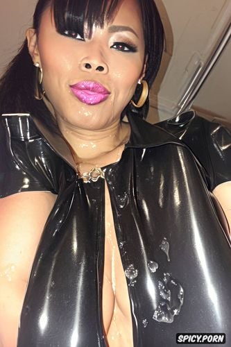 petite, milf, cum on clothes, cum in mouth, hoop earrings, she is wearing formal long latex skirt