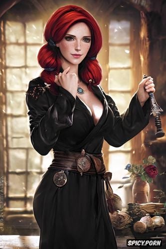 high resolution, ultra detailed, triss merigold the witcher beautiful face young black bathrobe masterpiece