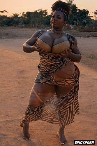 huge massive boobs, in african village, vibrant colors, symmetric face