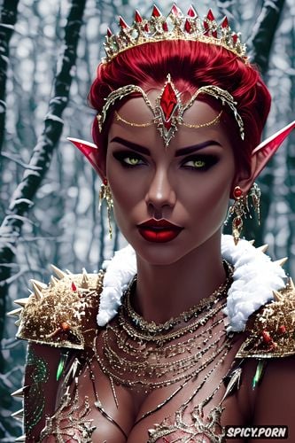 masterpiece, fantasy queen high elf beautiful face dark red skin tone short spikey red hair tattoos royal elven winter armor tiara topless tits out snowy forest milf