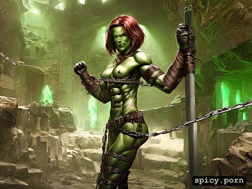fit, naked, dim light, detailed face, orcs, the background is a dungeon