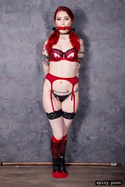 red lingerie, choker, braids, laces, restrained, knee socks