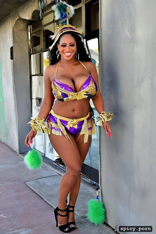 full front view, long hair, color photo, intricate beautiful costume with matching bikini top