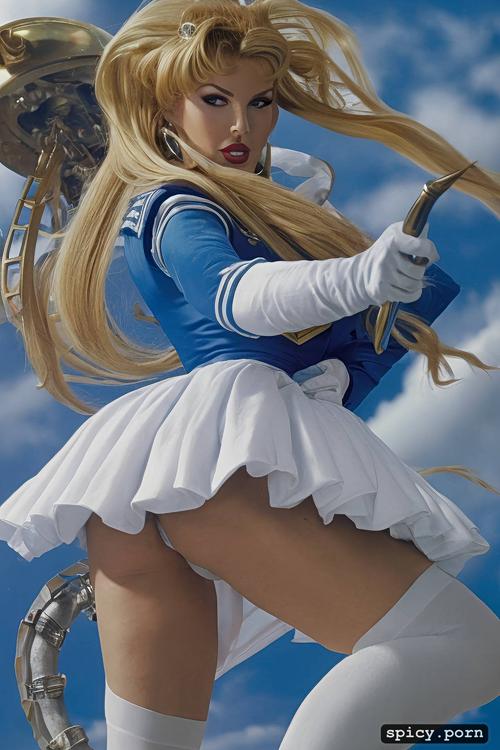 extreme long legs, blue cape, blue miniskirt, flying, kylie minoque is sailormoon