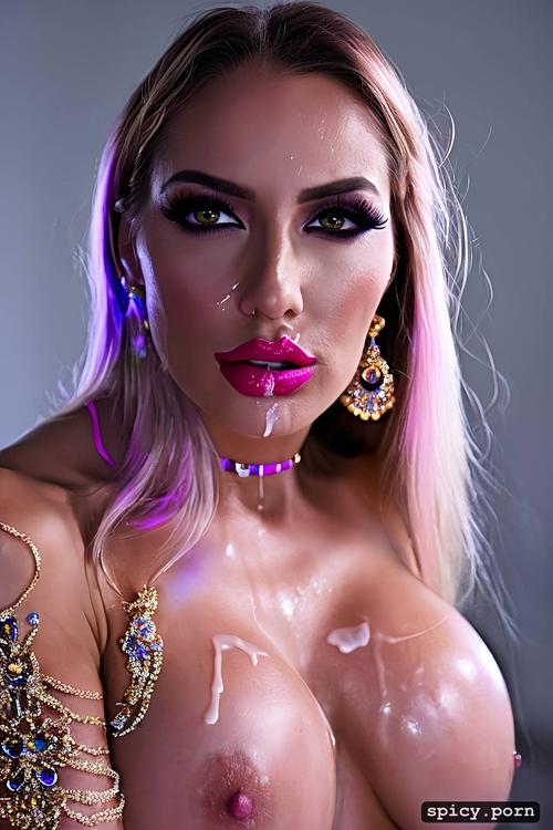 very much cum, in a high resolution 4k image with many colors an 80 year old gypsy woman in golden chain head jewelry with wrinkled skin extreme sunken cheeks