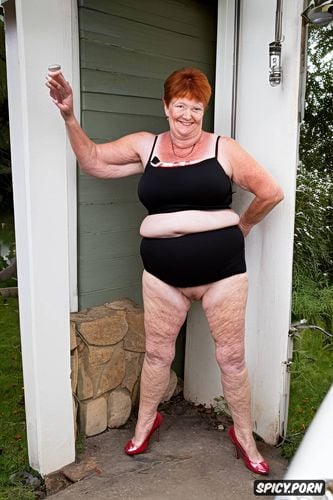 nude, wide hips, humongous hanging hooters, standing, sixty of age granny