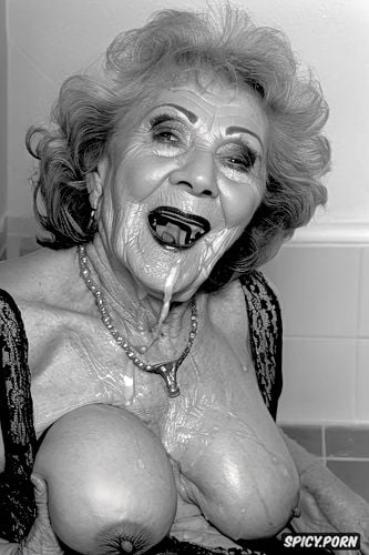 extremely old senior granny, drunk, look into camera, saggy empty hanging breasts