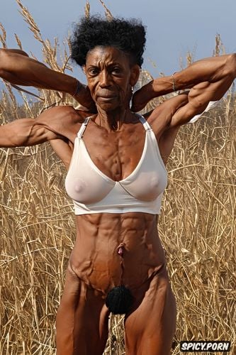 fully nude, 99 yo, sweaty, well defined muscles, crackhead granny