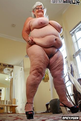 huge tits, huge nipples, standing bent forward, thick legs, wrinkles