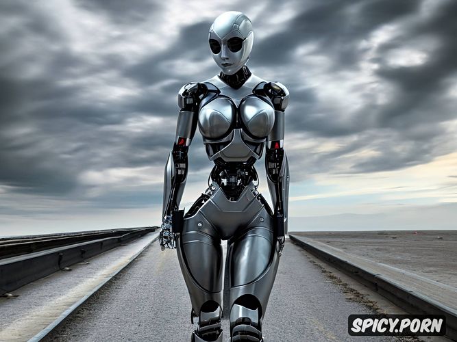 sexy blonde robot with fully metallic body and huge tits, full body view