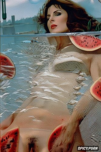 french realism painting, red tulle, watermelon rain, sliced watermelon
