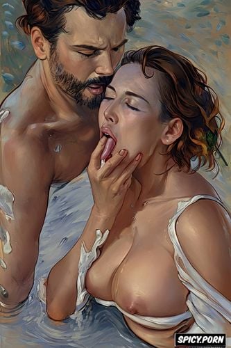 ooen mouth tongue, twisting torso, eyes closed, male hand, asian iranian woman