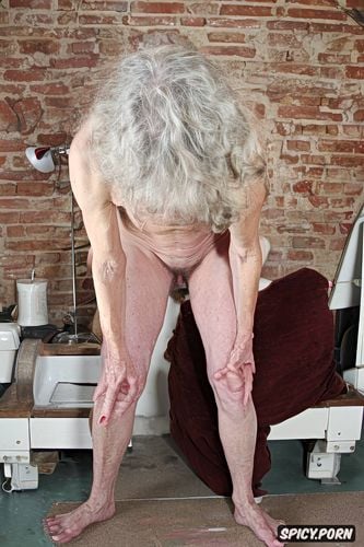 naked, grey hair, indoors, spreading legs, point of view, bony